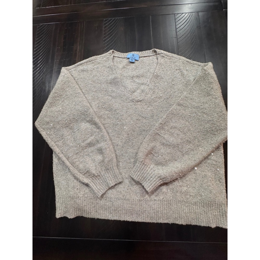 CeCe Womens Sequin V-Neck Sweater Beige Metallic Knit Sparkle Drop Shoulder L